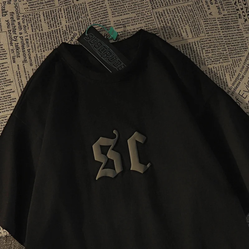 Gmiixder Retro Street Short sleeved Tshirt Spring American Super Large Punk Letter Mens Hip Hop Clothing 250226