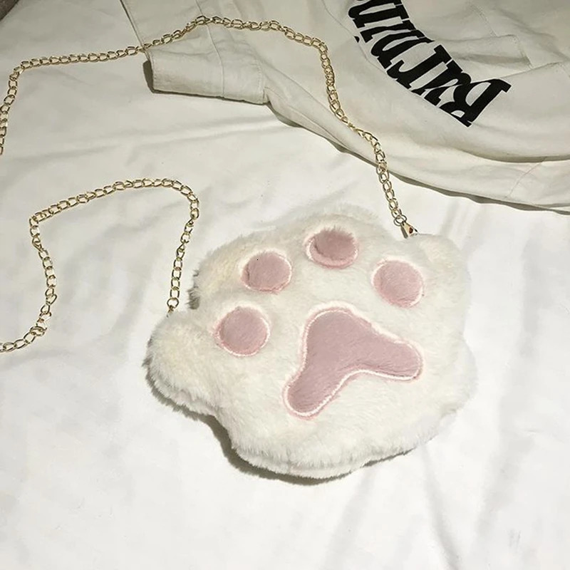 Ship from US Fashionable Womens Shoulder Bag Adorable Paw Print Plush Handbag with Chain Strap Spacious Crossbody Purse for Everyday Use 250227FBB