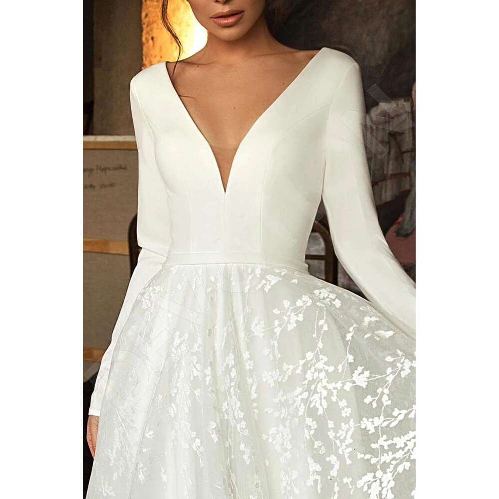 Elegant Lace Appliques Wedding Dresses A E Sexy V Neck Long Sleeves Satin Backless Bridal Gowns Vestidos De Novia Customized