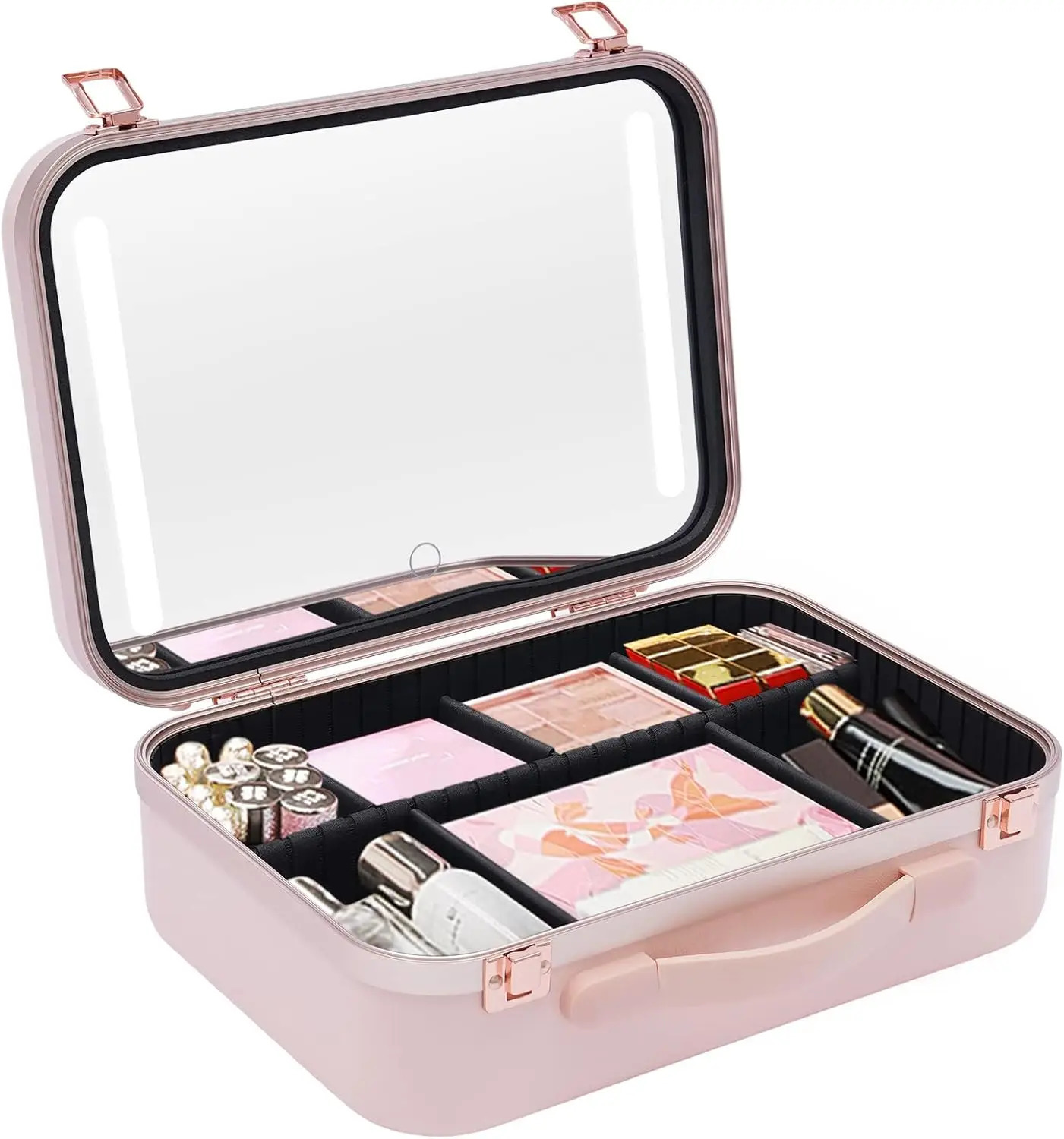 Ship from US 134 Inch Travel Makeup Case with Large Lighted Mirror Partitionable Cosmetic Bag Waterproof Portable Organizer Pink 250227FBB