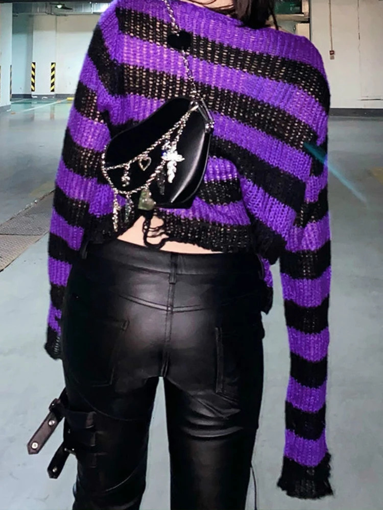 KOSAHIKI Striped Womens Crop Sweater Punk Streetwear Korean Style Hole Thin Knitted Gothic Long Sleeve Y2k Pullover 250225