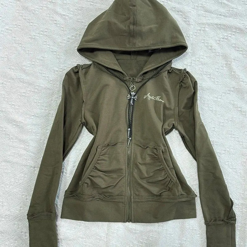 Y2k Goth Woman Clothing Hoodie Zipper Slim Print Punk Jacket Sweatshirt Vintage Hooded 2000s American Long Sleeve Tops Harajuku 250226