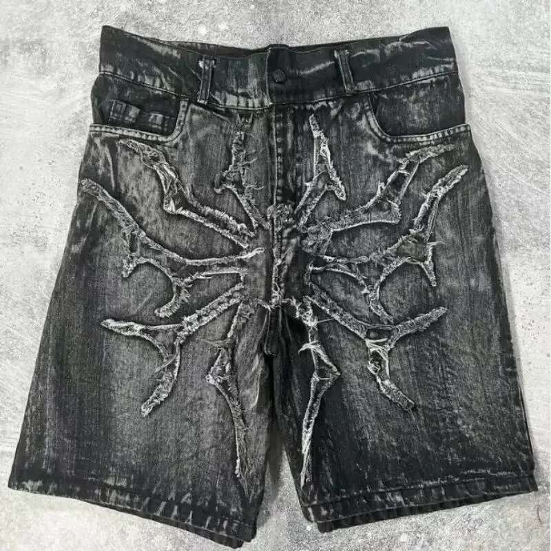 American Retro New Y2k Antique Patchwork Embroidered Irregular Denim For Men And Women Loose Haruku Casual Men's Shorts