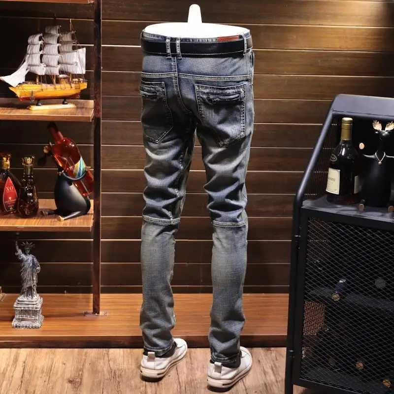 Retro Stitching Stretch Denim Jeans 2022 Autumn Winter Mens Motorcycle Slim Casual Designer Long trousers Fashion Cargo Pants X250227