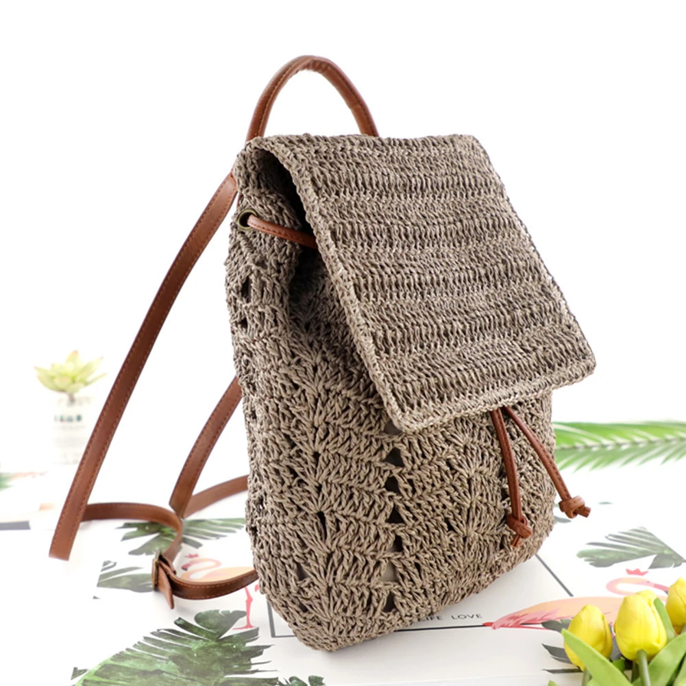 Ship from US Women Straw Backpack Shoulders Bag Handmade Woven Casual Beach Top Handle 250227FBB