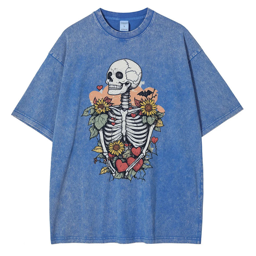 Heavyweight Cotton T Shirts Cute Skeleton Graphic Distressed Washed T Shirt Drop Shoulder Retro Gothic Oversized Tops 250226