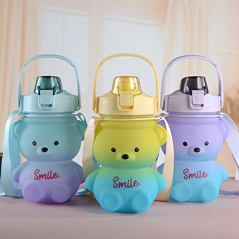 1000ml Flip Straw Adorable Bear Water Bottle for Kids Cute Teddy Bear Water Bottle with Strap