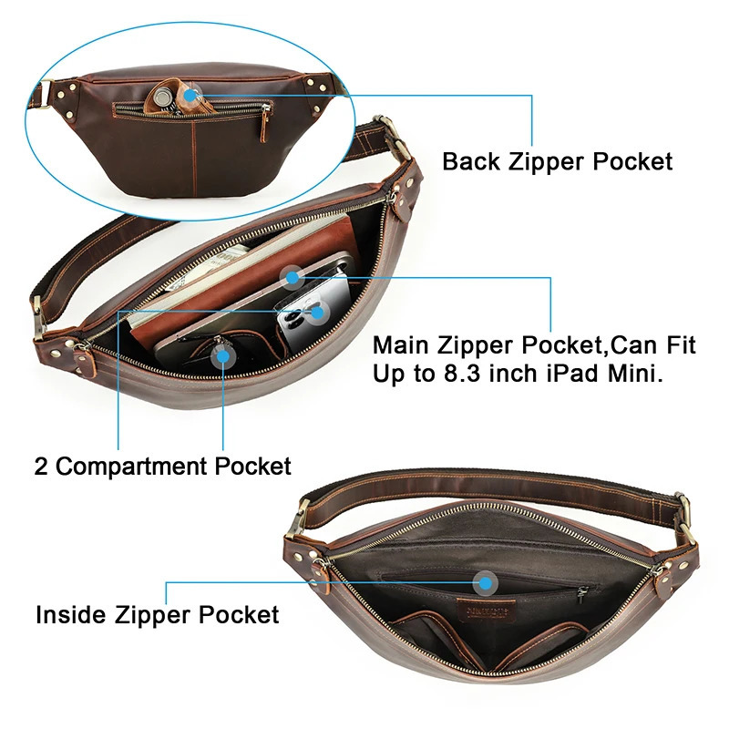 Ship from US CONTACT Mens Waist Bag Genuine Leather Travel Fanny Belt Mobile Phone y Handbag Cross Body Chest 250227FBB