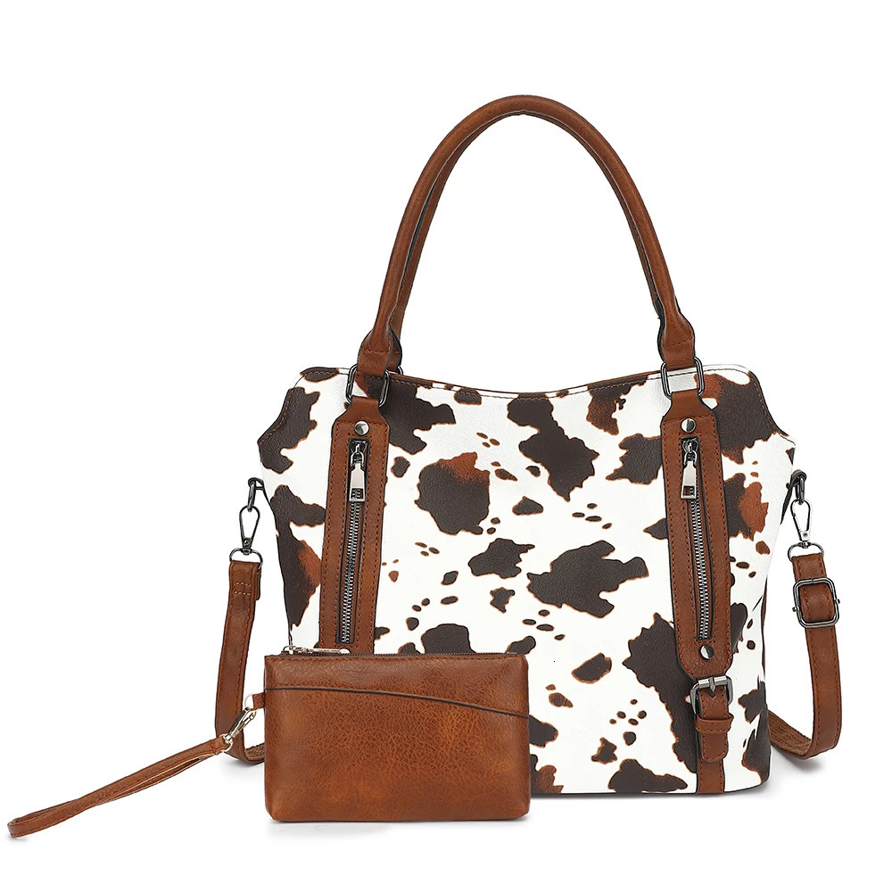 Ship from US 2PC Set Purses Tote Bag For Women Handbags PU Leather Large Shoulder Cow Pattern Work Bags With MultiPockets Print 250227FBB