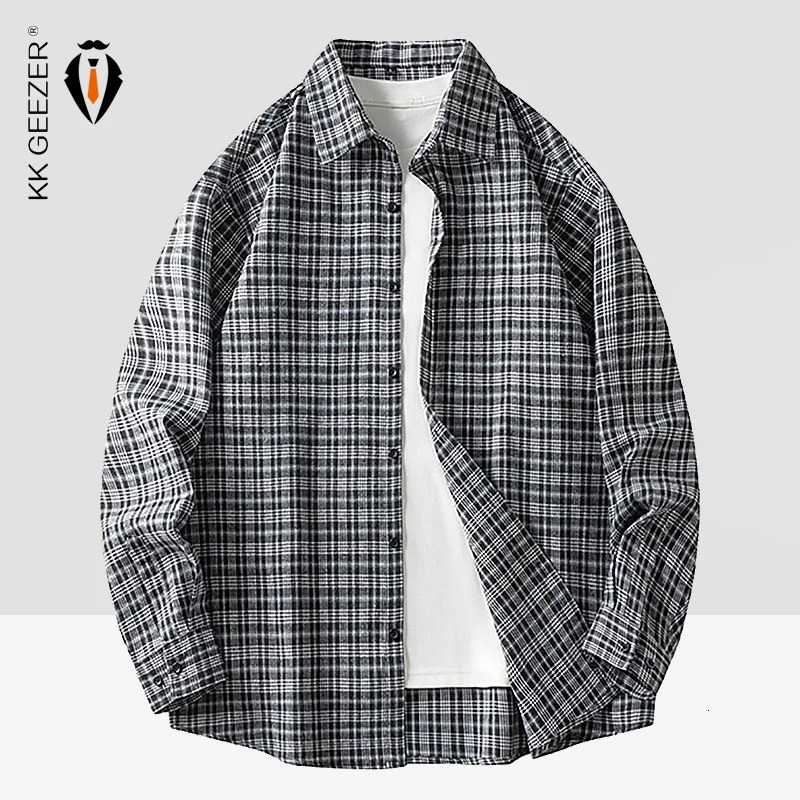 Mens Shirt Plaid Flannel Retro Long Sleeve Oversized Loose Cotton Casual Male Youth n Soft Fall Black Formal Dress 250226