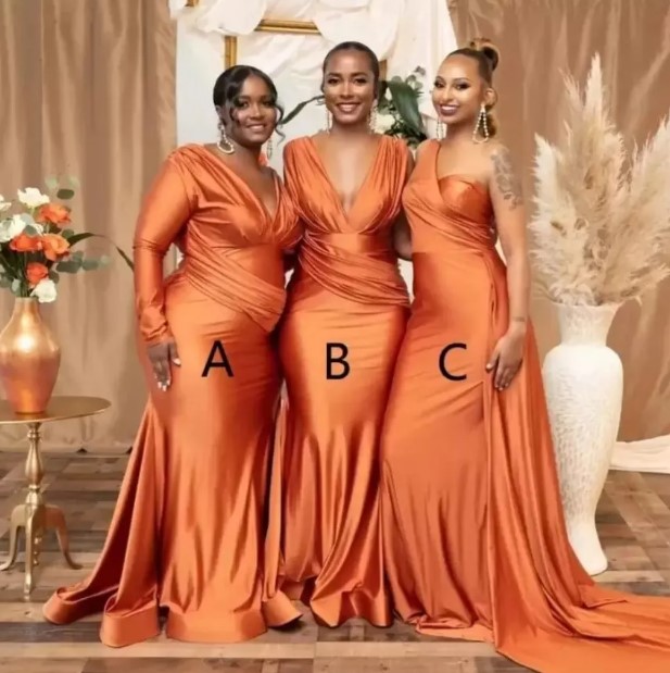 African Orange Plus Size Mermaid Bridesmaid Dresses Nigeria Girls V neck Ruched Satin Wedding Guest Dress Sexy Long Maid of Honor Gowns BC11919