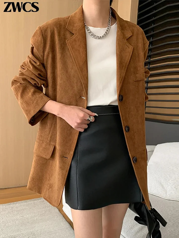 Vintage Suede Blazers Coat Women Loose Lapel Single Breasted Long Sleeve Pockets Jacket Autumn Lady High Street Outwear 250226