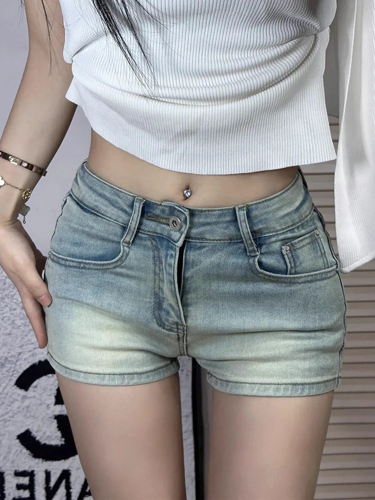 Summer Vintage Washed Distressed Sexy Shorts for Women Blue Basic Button Simple Casual Fashion Slim XS-XL Female Jean Shorts 250225