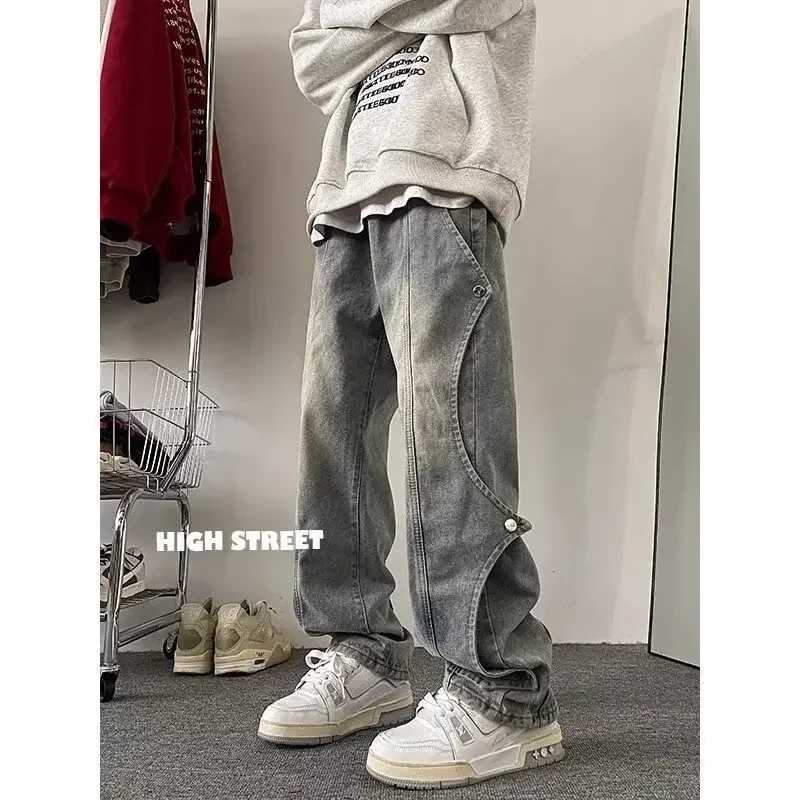 American Style Casual High Street Fashion Design Sensibility Niche Mens Loose Fit Straight Leg Denim Pants Spring Season X250227