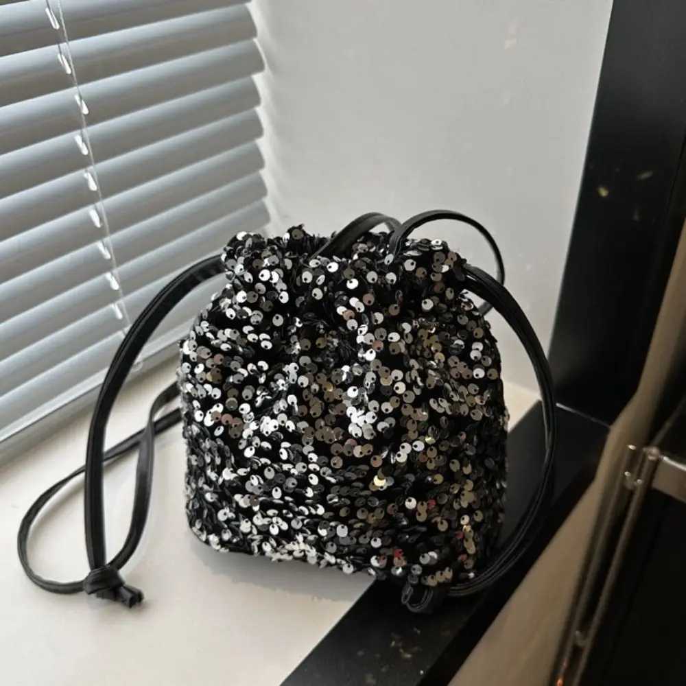 New Japanese Women Sequin Shoulder Bag for Girls Shiny Drstring Crossbody Bag Women Underarm Mini Bucket Bag Phe PurseXJ250227