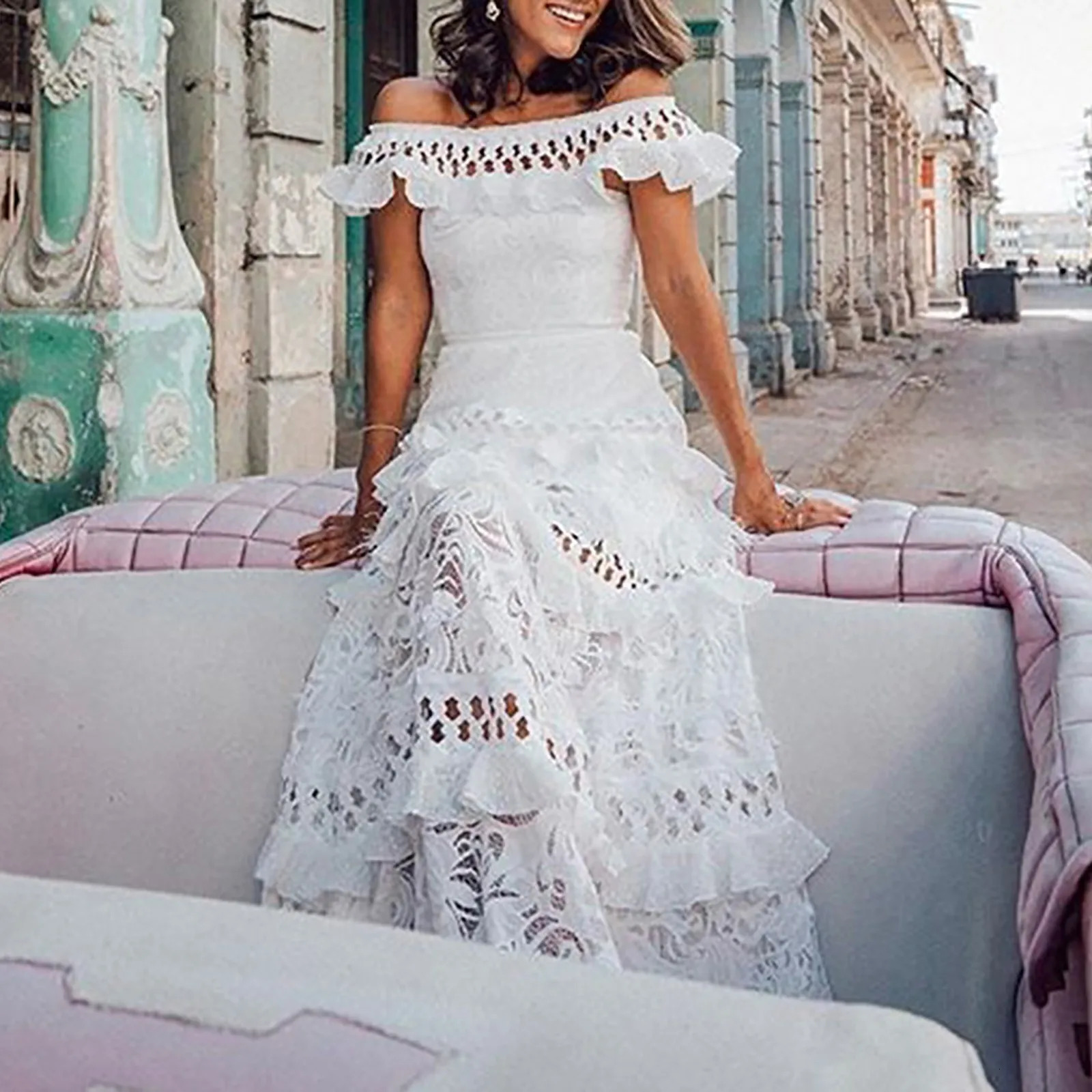 Elegant Off Shoulder Solid Ruffle Long Evening Dress Summer Fashion Sleeveless Swing Dress Classic Lace Hollow Party Sexy Dress 250222