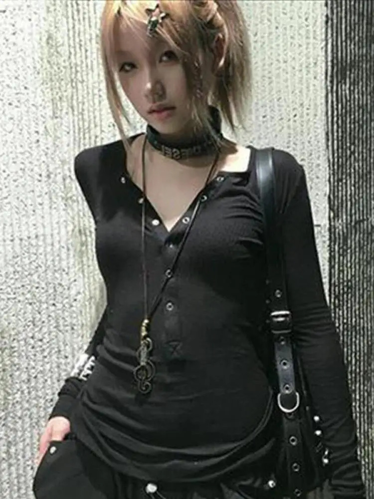 General Black T Shirt Women Clothes Long Sleeve Korean Fashion Slim Autumn Spring Tops 2000s Y2k Tees Female Clothing 250226