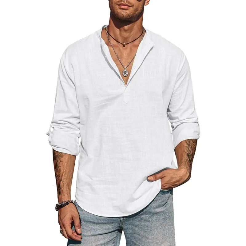 Mens Long Sleeve Cotton Shirt Linen Stand Collar T-shirts Lightweight Breathable Streetwear Half Button Hawaiian Large Shirt 250224