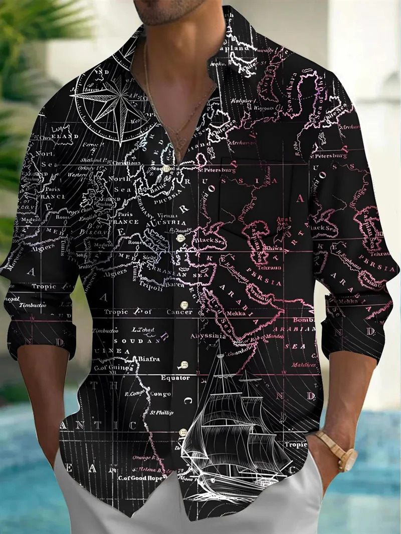 Fashion Earth Map Graphic Shirt Mens Street Style Casual Neutral Retro 3D World Printed Long Sleeve ner Clothing 250226