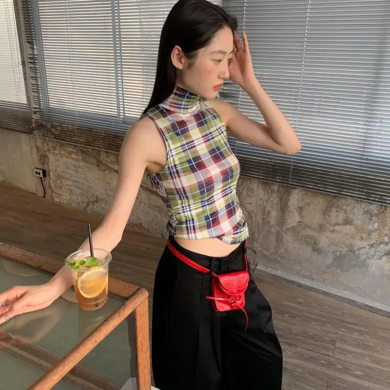Genayooa Summer Vintage Tank Tops Women Plaid Sleeveless Crop Tops Y2k Retro Tank Tops Streetwear 2000s Japanese Tee Tops E-girl 250226