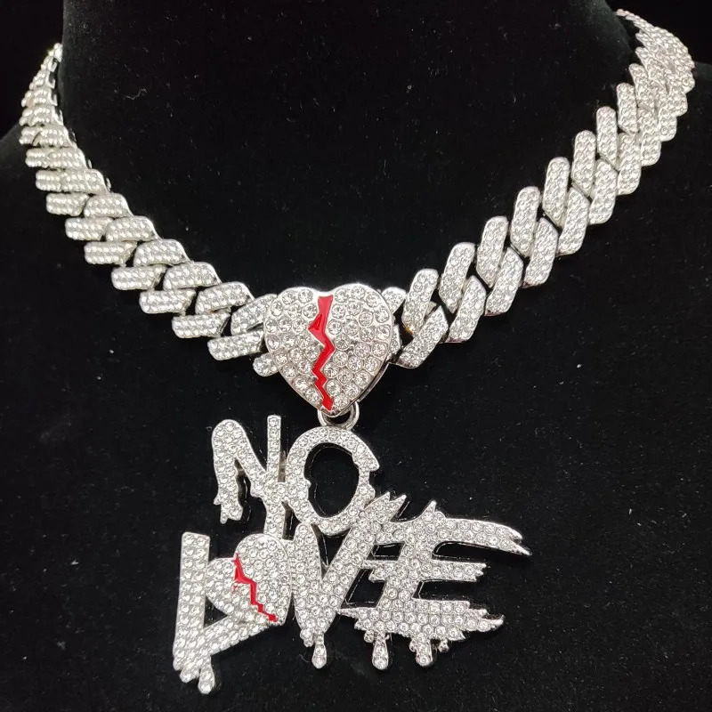 Men Women Hip Hop No Love Heart Pendant Necklace with 14mm Cuban Chain HipHop Iced Out Bling Hiphop Necklaces Fashion Jewelry 250227