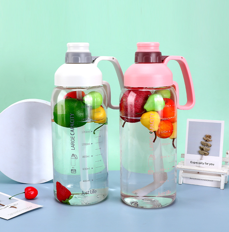 Motivational Large PC Plastic Sport Water Bottle with Straw and Portable Handle 1800ml
