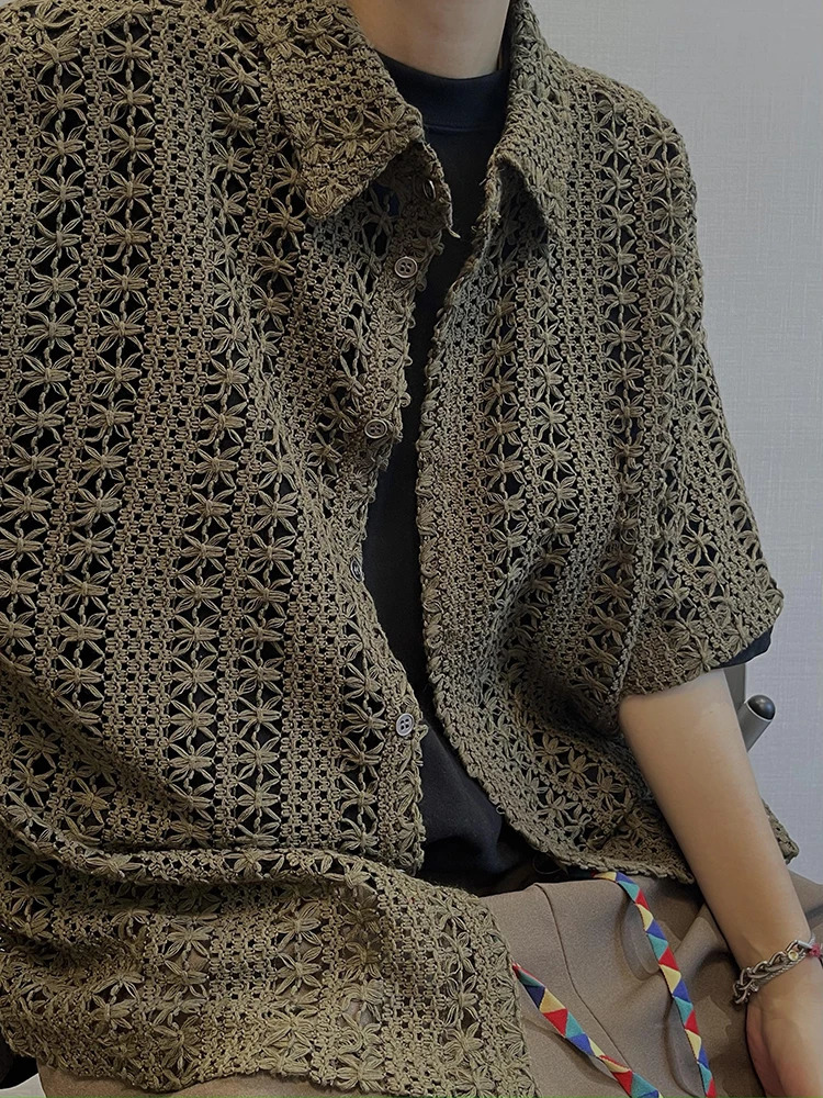 Hollow Out Shirts Men Summer Vintage All-match Breathable Short Sleeve Japanese Style Harajuku Vocation Knitting Handsome Simple 250222