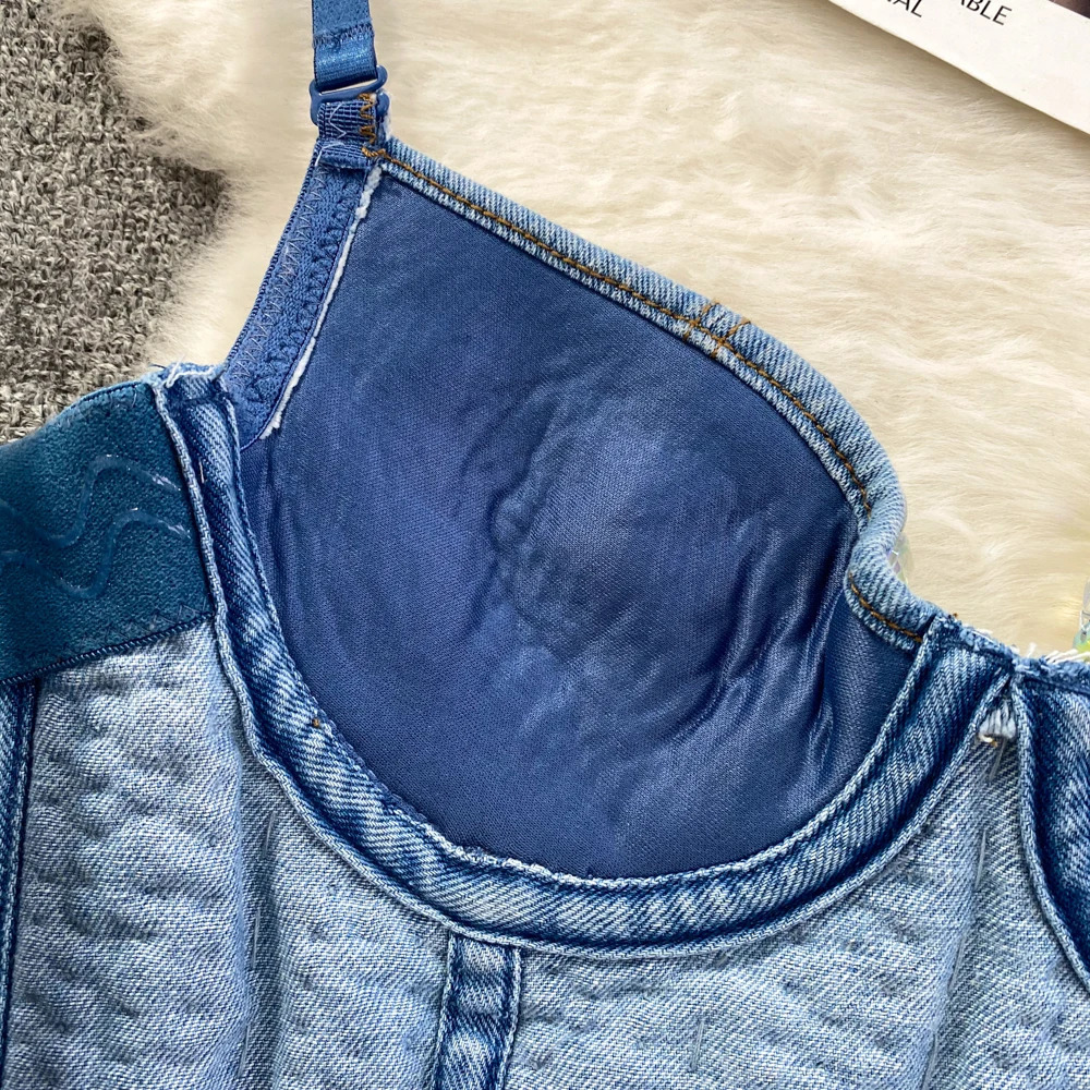 Womens Summer Denim Camisole Corset Top Build In Bra Crystal Diamonds Pearl y Jeans Tops High Street Club Party Nightwears 250226