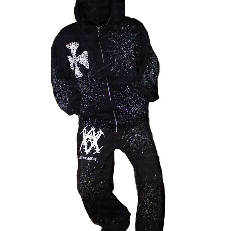 2025 Spring Dark Gothic Hip Hop Harajuku Complex Hot Diamond Zipper Men's and Women's Loose Hoodie