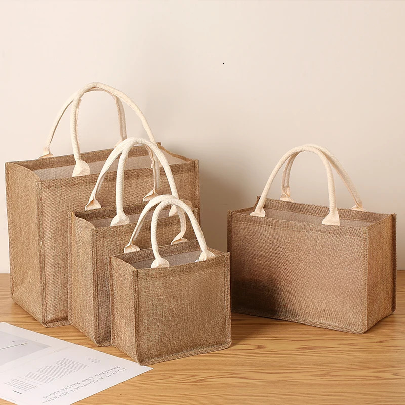 Ship from US 3PCS Pure Color Vintage Faux Hemp Large Capacity Womens Handbag Fashion Reusable Lining Waterproof Shopping Bag Party 250227FBB