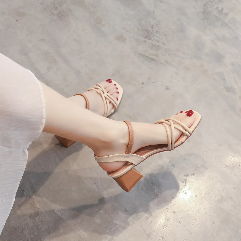 Comfort Shoes for Women Multicolored Sandals Buckle Strap Summer Heels All-Match Med Cross Girls Block Low High Fashion Med 250226
