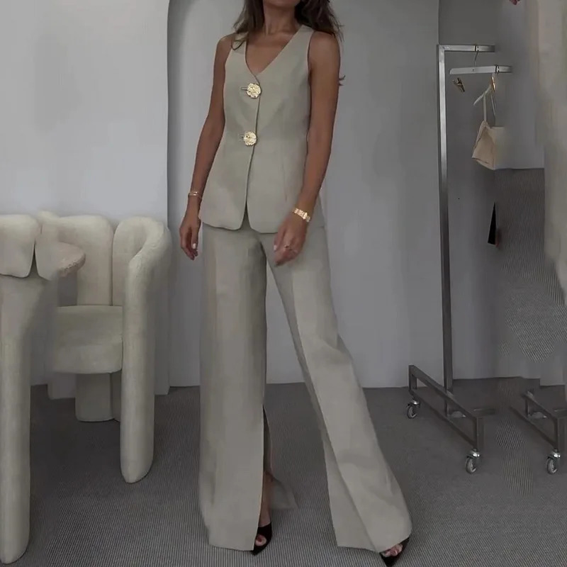 Two Piece Sets Women Pants Set V Neck Sleeveless Slim Elegant Tops Vest High Waist Wide Leg Long Casual Work Splice 250226