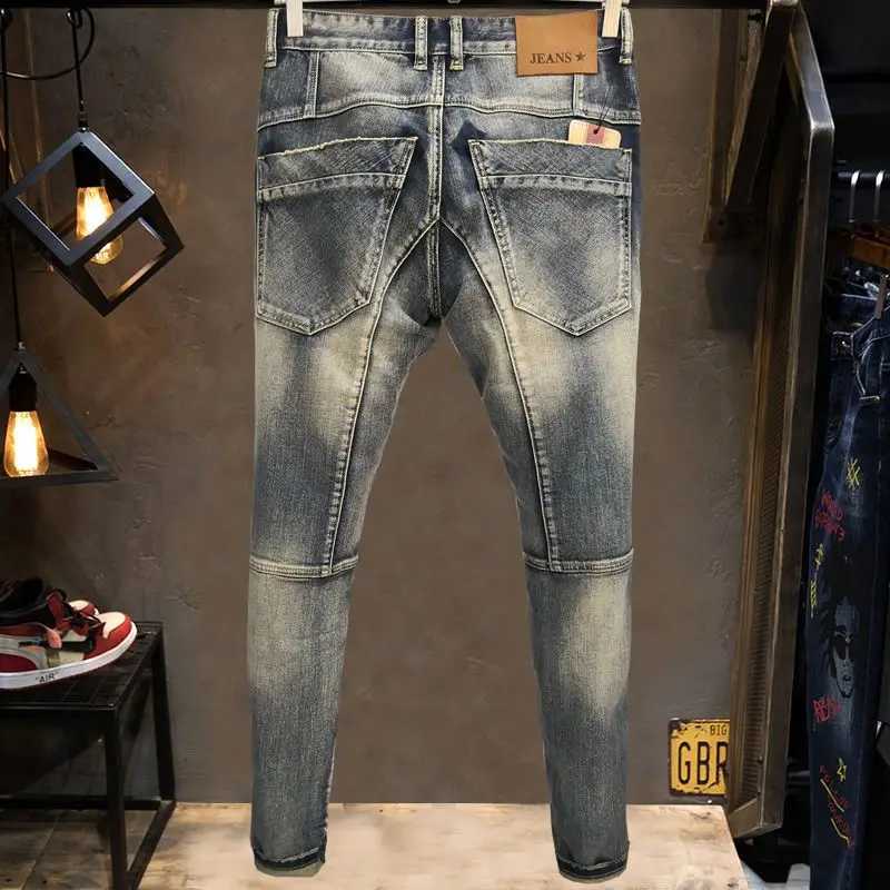 High Quality Fashion 2022 Worn Wash Splicing Zipper Decoration Multi Bag Elastic Motorcycle Biker Jeans Cargo Retro Pants Men X250227