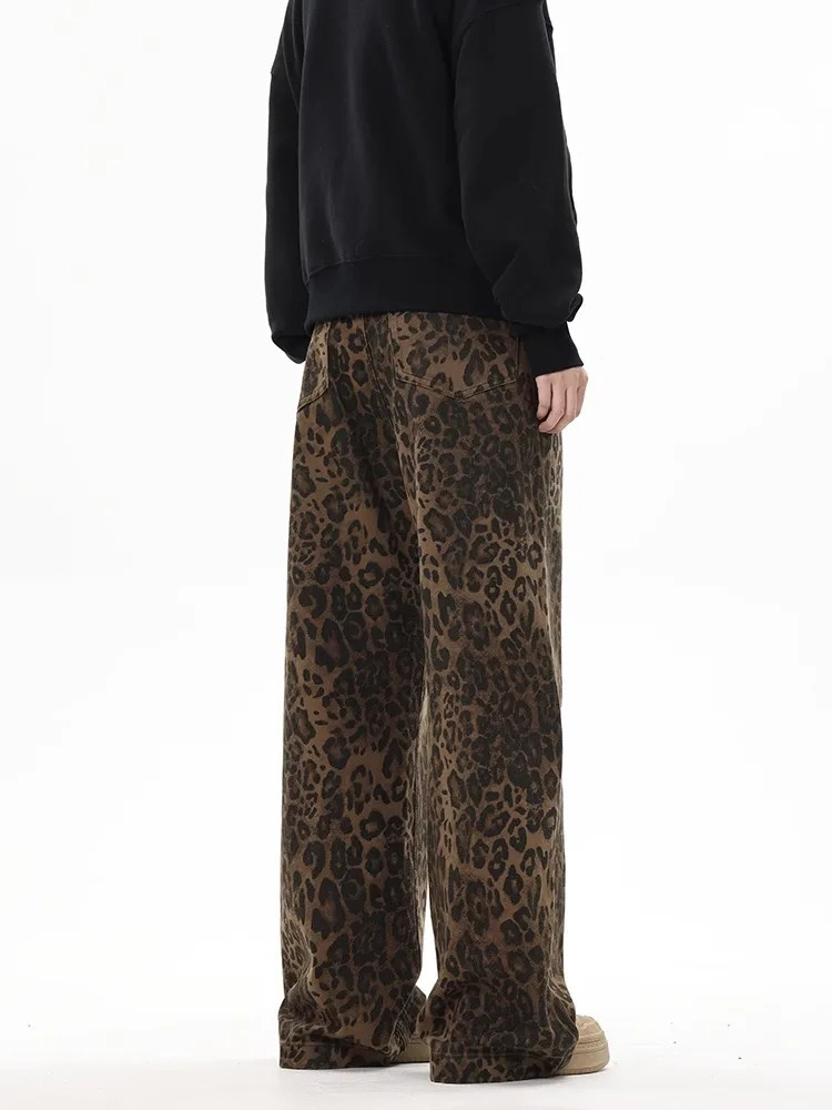 American Retro Leopard High Waist Baggy Jeans Womens Casual Pocket Hip hop Pants Spring Y2K Oversiz Panther Denim Trouser 250226