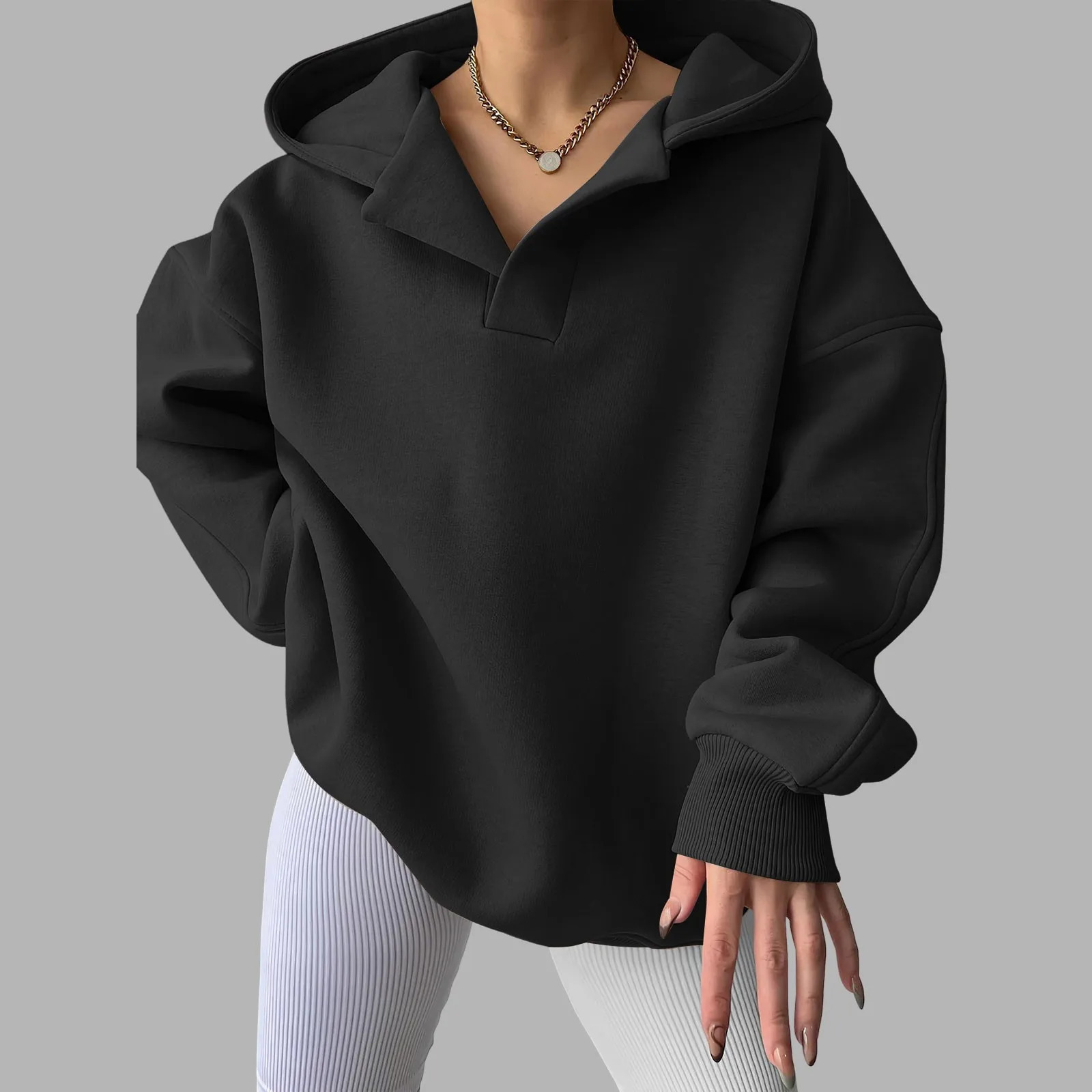 Womens V Neck Oversized Hoodie With Pocket Fashion Trend Streetwear Classic Style Fleece Lined Sweatshirt 250227