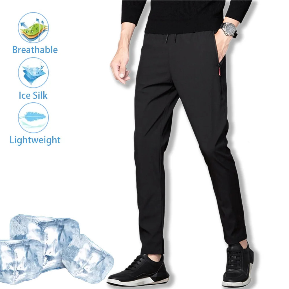Mens Ice Silk Pants Summer Mens Casual Sports Pants Gray Zipper Pockets Slim Straight Breathable Lightweight Cool Feeling 250227