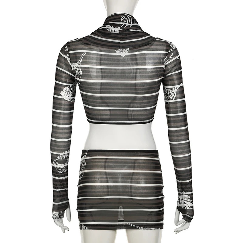 BIIKPIIK Stripe Print Women Mesh Sexy Skirt Sets Clubwear Fashion Suit Midnight Party Pile Collar Hooded Top Skinny Mini Skirt 250227