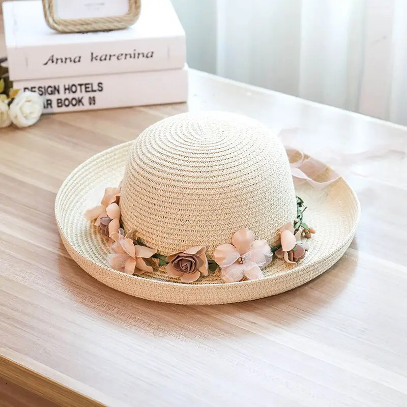 MAERSHEI Summer Straw Hat Handmade Flower Womens Garland Sunbonnet Bucket Hat Roll-up Hem Beach Cap Sun Hat For Girls 250218