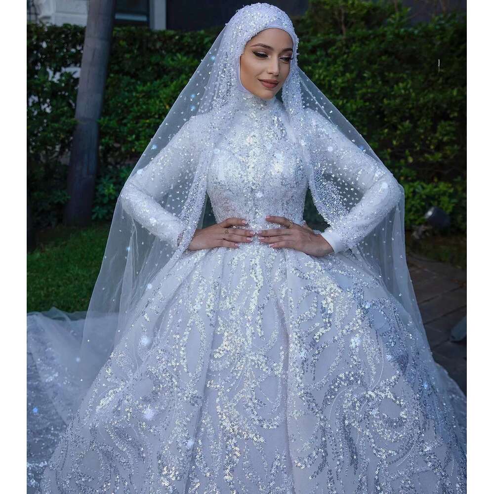 Muslim Wedding High Neck Long Sleeves Appliques Lace Ball Gown Chapel Custom Made Bridal Dresses