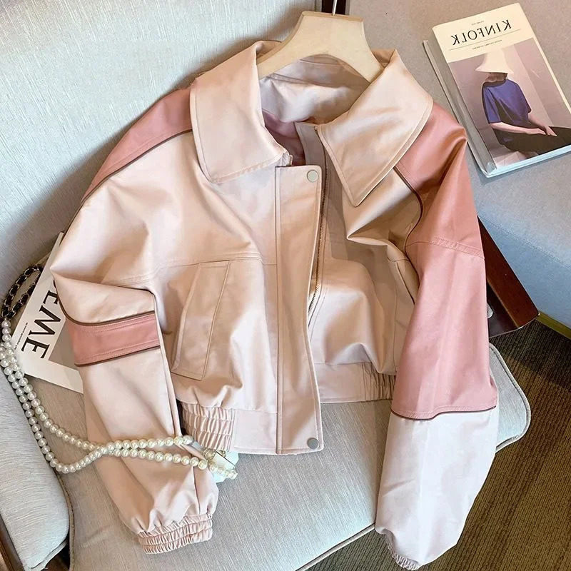 Pink Casual Leather Coat for Women Spring Loose Streetwear Lapel Long Sleeve Jackets Korean Style Chic Vintage Tops 250227
