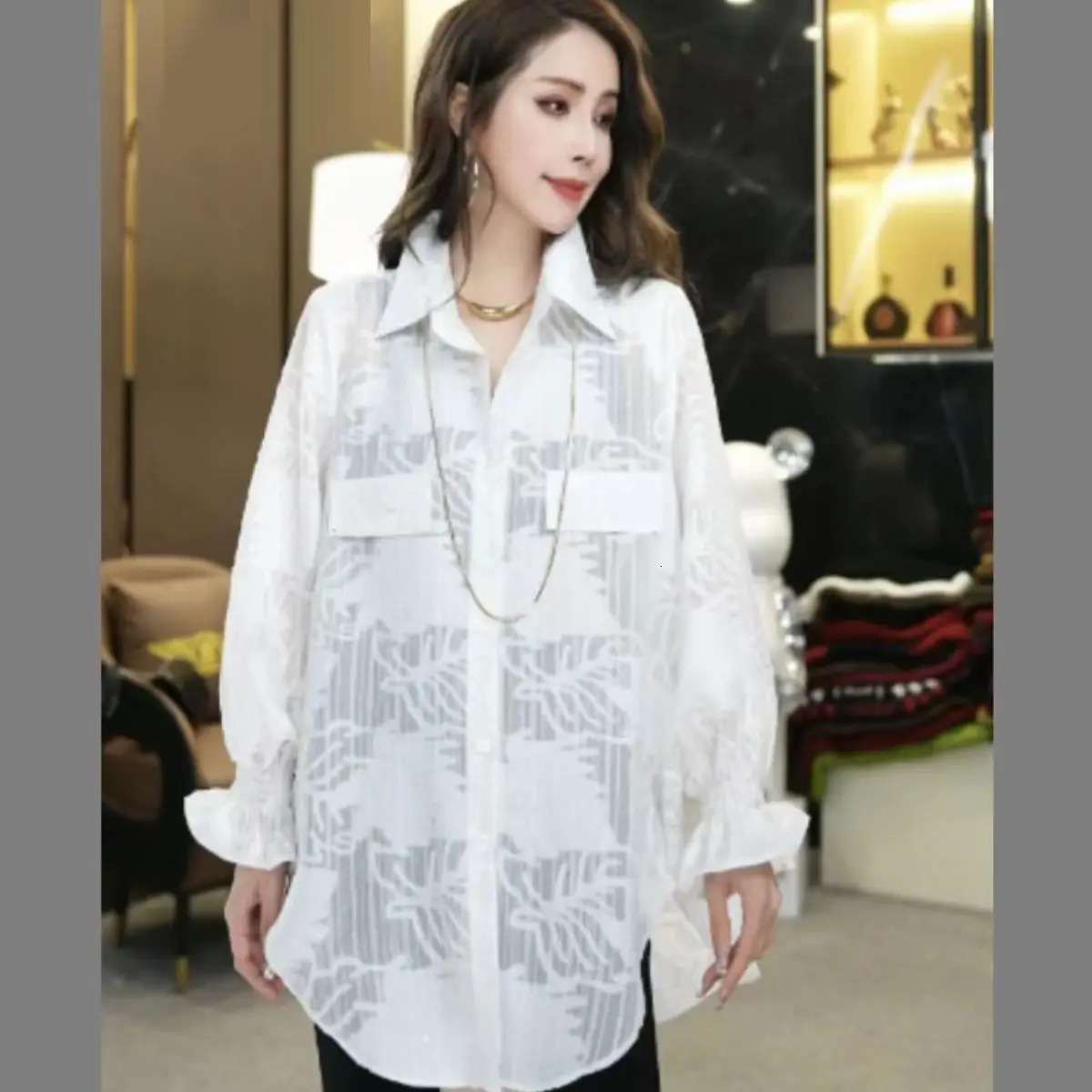 2025 Spring and Summer Star Prints Fashionable Hollow Loose Casual and Versatile Long-sleeved Shirt for Women 250226