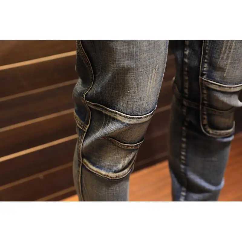 Retro Stitching Stretch Denim Jeans 2022 Autumn Winter Mens Motorcycle Slim Casual Designer Long trousers Fashion Cargo Pants X250227