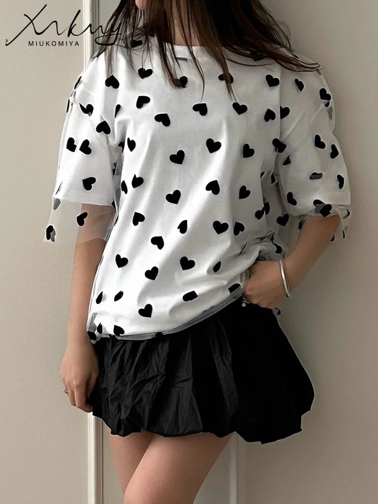 Summer Oversized Mesh T Shirt Women Short Sleeve Red Heart Tulle Top Tees Casual Loose Cotton Chic Two Piece T-Shirt For Women 250226