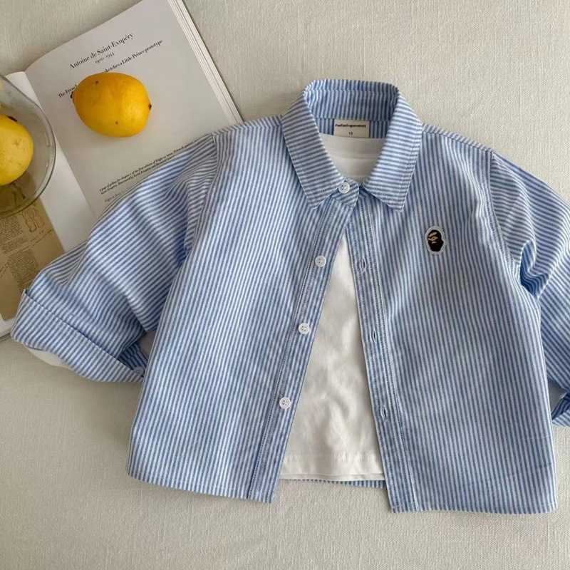 T-shirts Blue Childrens Shirt 2025 Autumn New Product Shirt Mens and Womens Clothing Long Sleeve Boys Shirt Korean Edition Boys ShirtY250227ORYP
