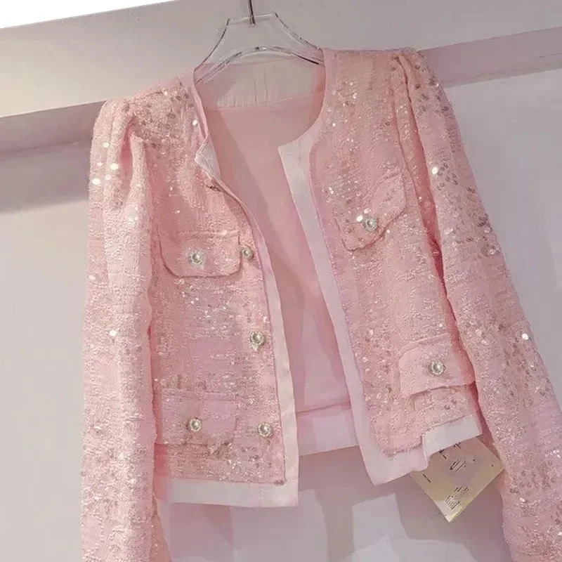Womens Korean Outerwear Cardigan Splicing Sequin Jacket Spring Female Long Sleeved Stylish Socialite Versatile Slim 250227