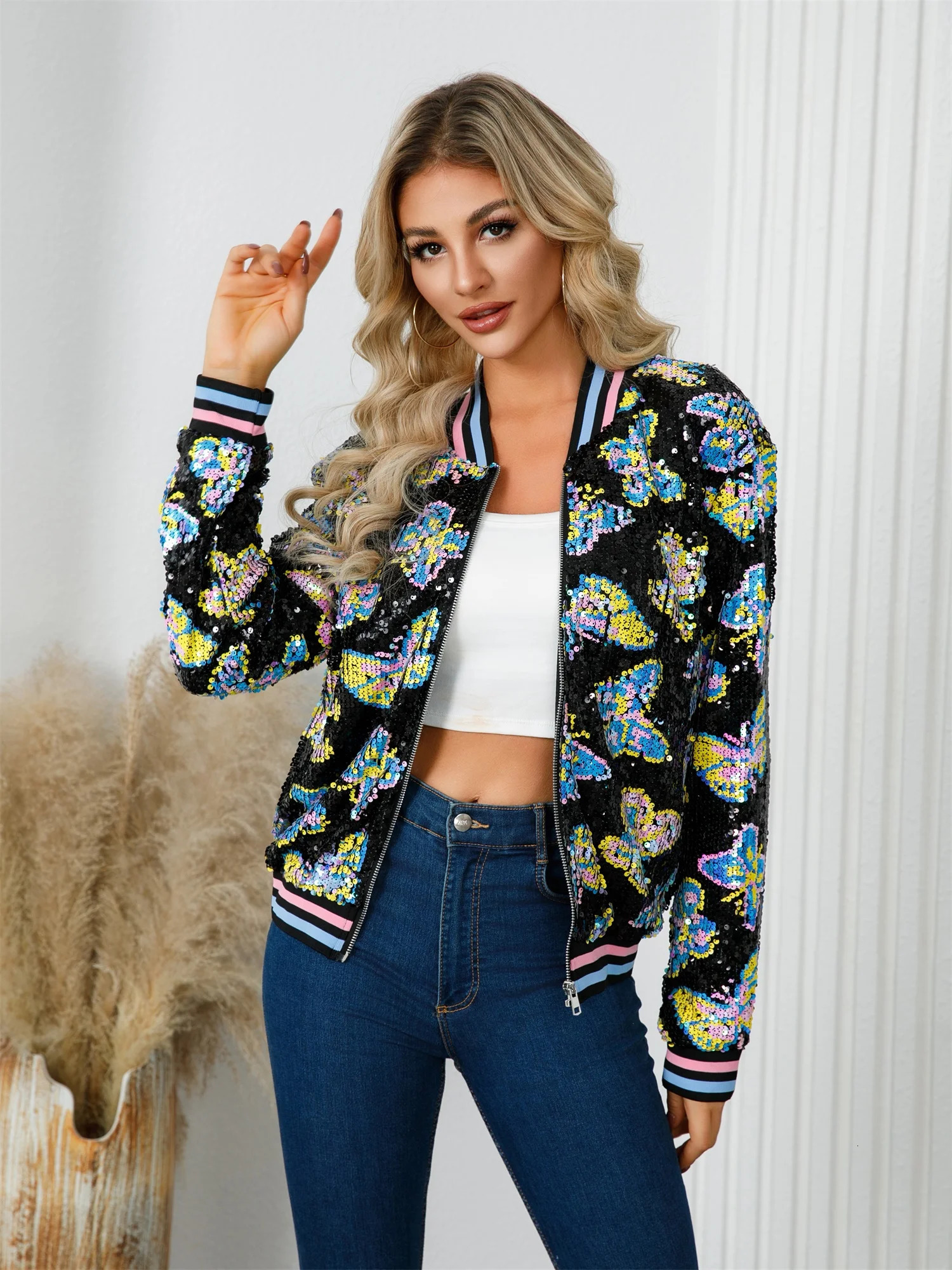 Butterfly Pattern Beaded Jacket Stylish Long Sleeve Zipper For Spring Fall Womens Clothing 250227