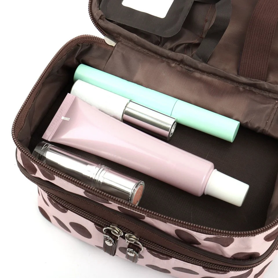 Ship from US Double Layer Dot Pattern Travel Cosmetic Makeup Bag Organizer with Mirror 250227FBB