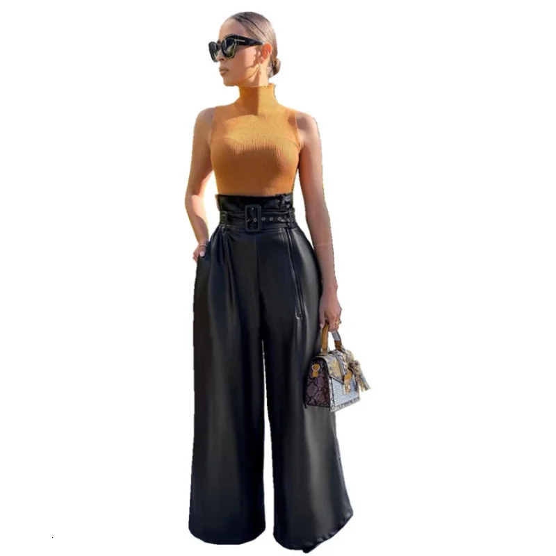 Womens Pants Wholesale Items High Waist Pu Leather Black Wide Leg for Women Casual Fashion Loose Streetwear Trouser Femme 250227