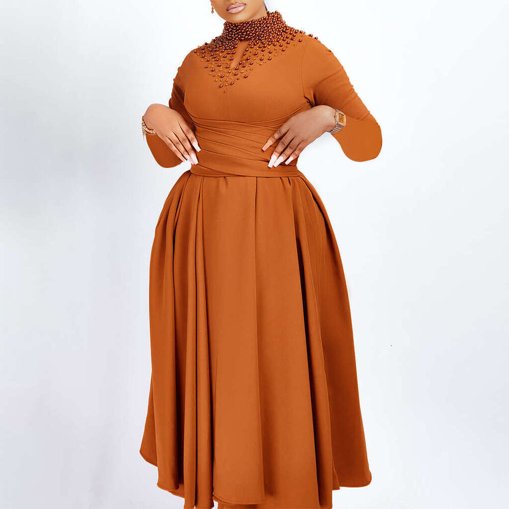 D454 Women's Fashionable High Collar Elegant Nail Bead Grand Swing with Waist Folding African Dress 2025 New Casual Versatile Fashion Clothing