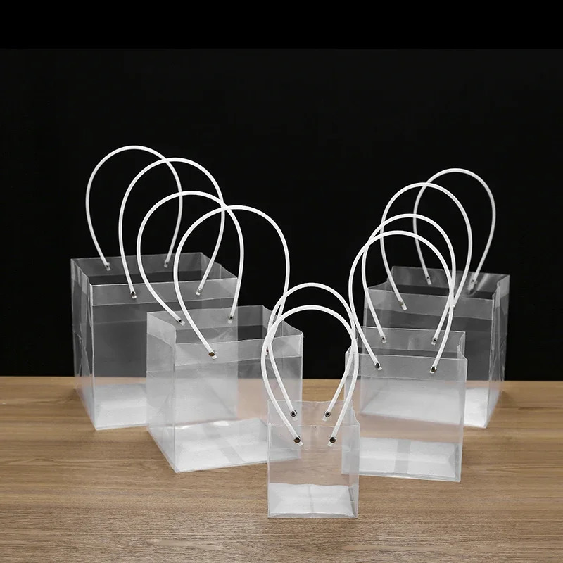 10pcs PVC Transparent Portable Flower Packaging Bag Square Trapezoid Handle Festival Gift Plastic Waterproof Storage Packing Bag 250221